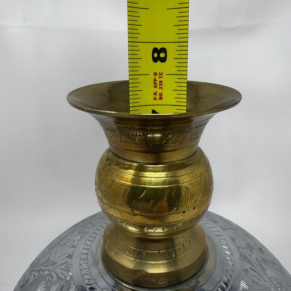 Vintage Indian Brass Silver-Tone Engraved Vase 2-Piece Floral Globe 8.5in Decor